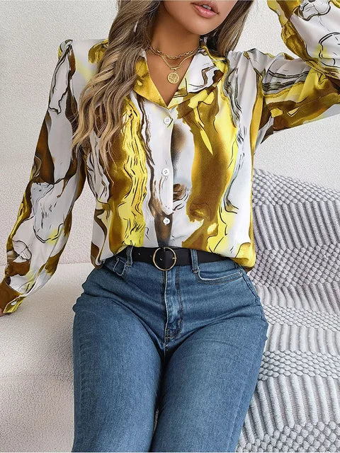Blå marmormönstrad damskjorta, elegant blus som är mångsidig för alla tillfällen.