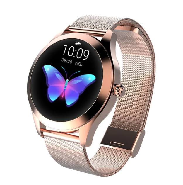 Elegant dam smartklocka med AMOLED-skärm, pulsmätare, sömnspårare och aktivitetsmätning. Stilren design.
