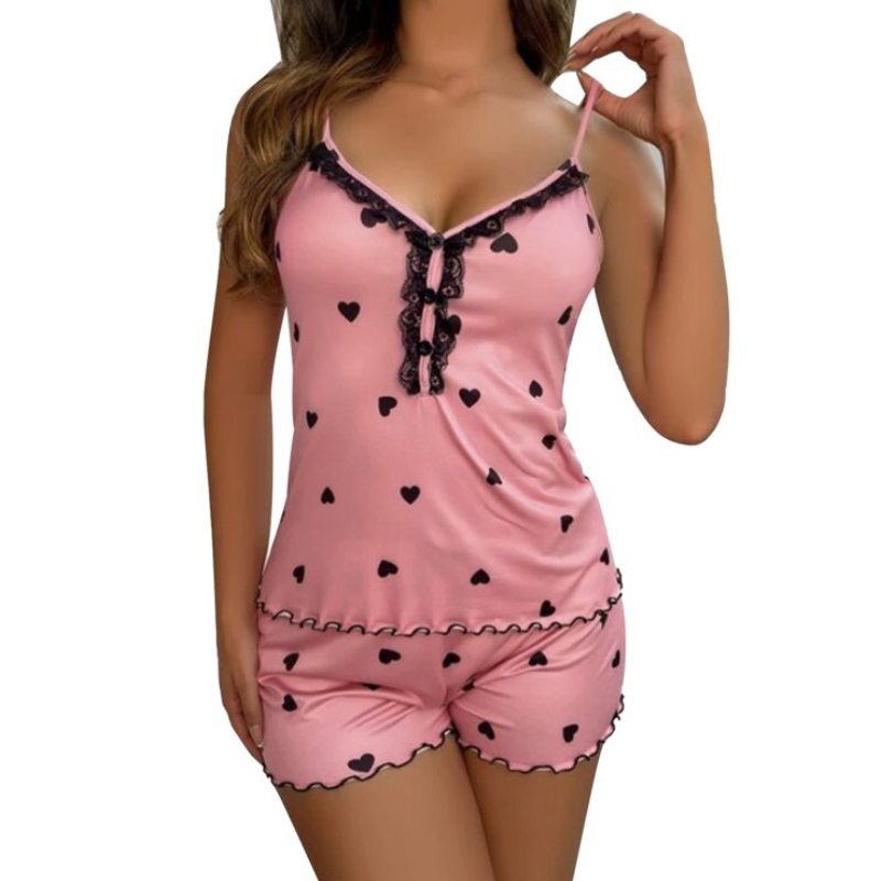 Elegant dam sovkläderset med shorts, djupt V-ringat nattlinne. Bekväm pyjamas för hemma.
