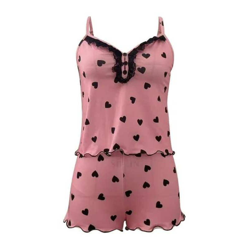 Dam nattlinne & shorts set, v-ringat. Bekvämt och elegant sovkläderset för sommar. Perfekt för avslappning.