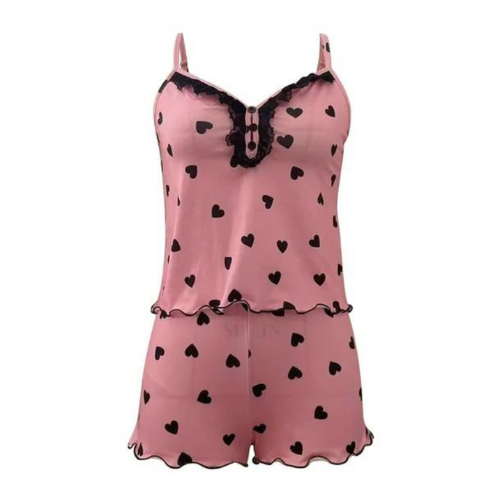 Dam nattlinne & shorts set, v-ringat. Bekvämt och elegant sovkläderset för sommar. Perfekt för avslappning.