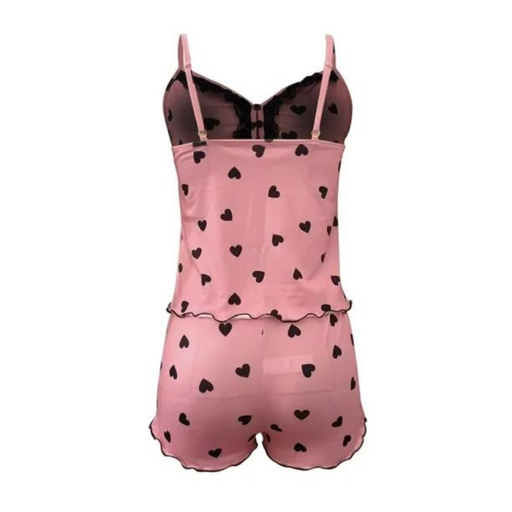 Mjukt dam sovkläderset i rosa/grått med elegant djup V-ringning och bekväma shorts. Sommarpyjamas för dam.