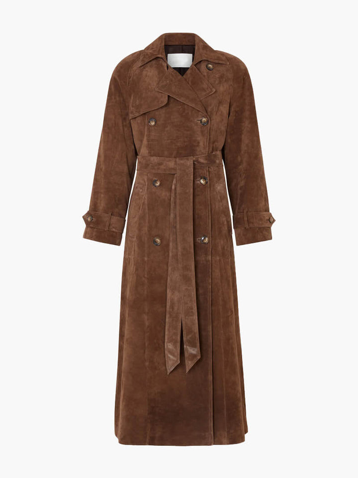 Stilfull midi dam trenchcoat i suède look. Dubbelknäppt design med bälte. Idealisk höst-/vinterkappa.