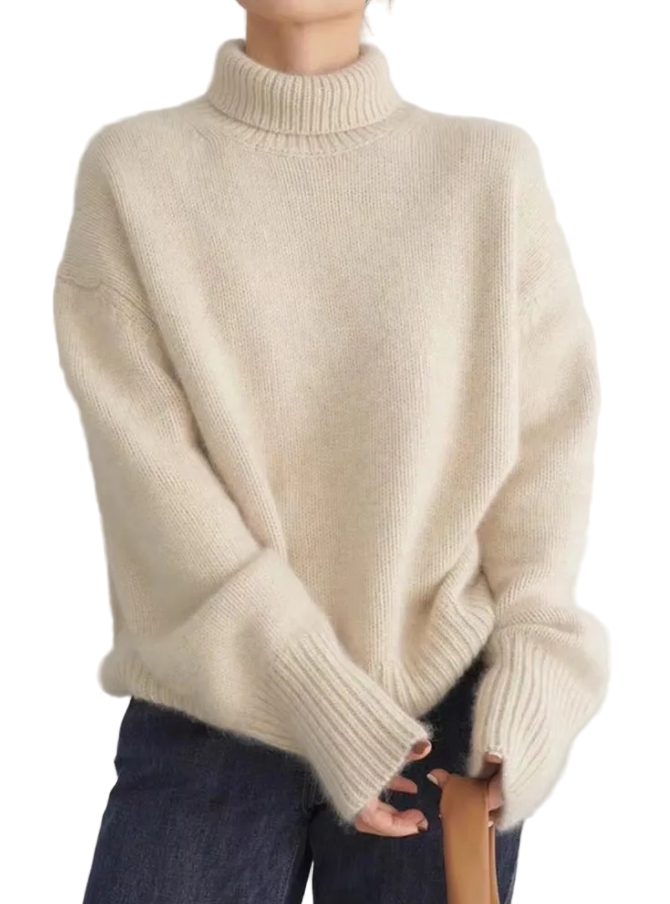 Elegant dam turtleneck tröja i stickat material. Perfekt för vinter och kallt väder, ger stil och värme.