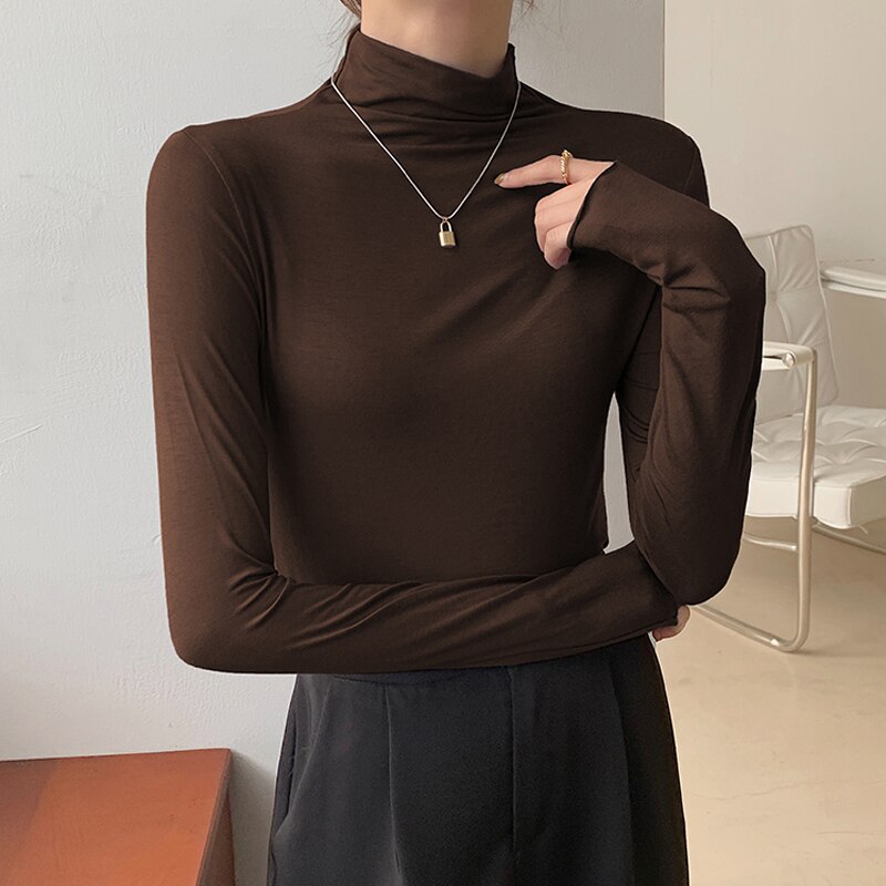 Mjuk och tunn långärmad damtröja med turtleneck. Bekväm polotröja för elegant och klassisk kvinnokläder.