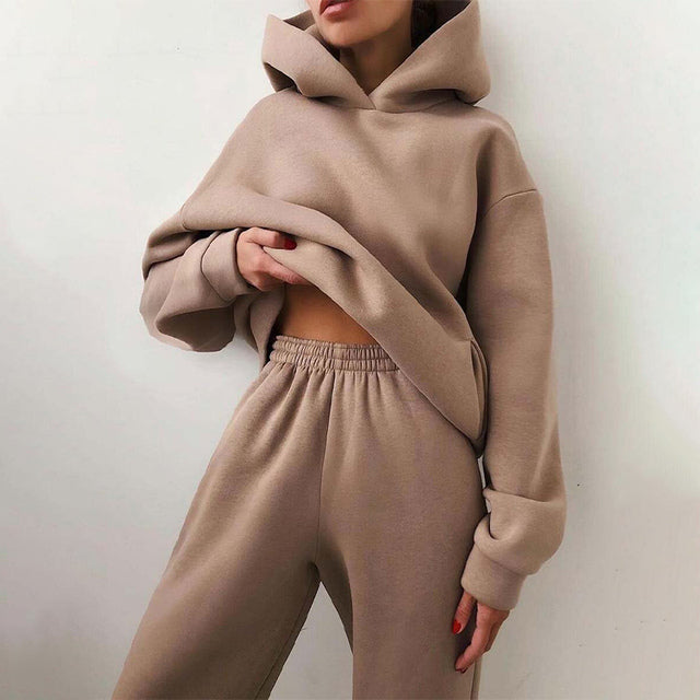 Komplett dam tvådelat vinterset. Värmande och elegant fritidskläder för mysiga kalla dagar. En stilren outfit.