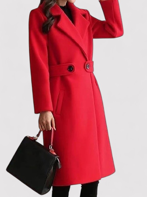 Elegant röd dam vinterkappa med bälte, ett chic ytterplagg som kombinerar stil och värme.