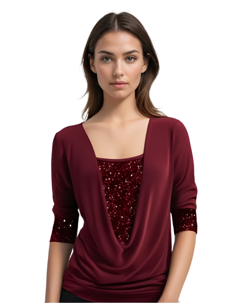 Elegant damblus med draperad halsringning & glittrande detaljer, perfekt för fest eller vardagsmode.