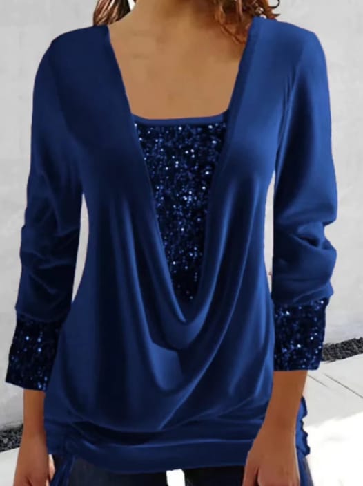 Trendig modetopp för dam med chic draperad hals & eleganta glittrande detaljer, perfekt festtopp.