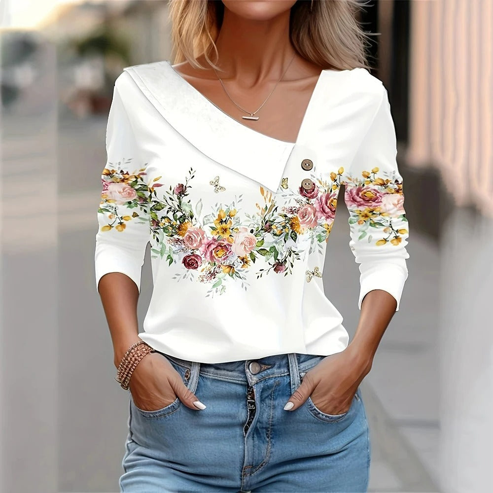 Vardagsblus för kvinnor i polyester med blommönster och långa ärmar för en bekväm och chic stil.