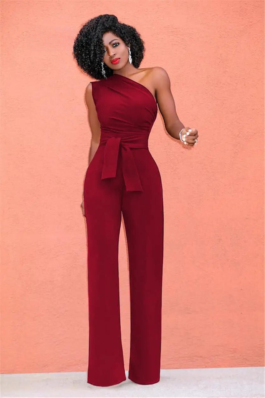 Mångsidig elegant damjumpsuit med en-axel & breda ben. Perfekt för fest, sommar eller vardagsmode för kvinnor.