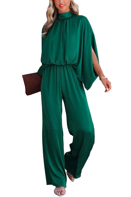 Elegant damjumpsuit med vida ben, stativkrage och slitsärmar. Perfekt för fest och sommarstil.