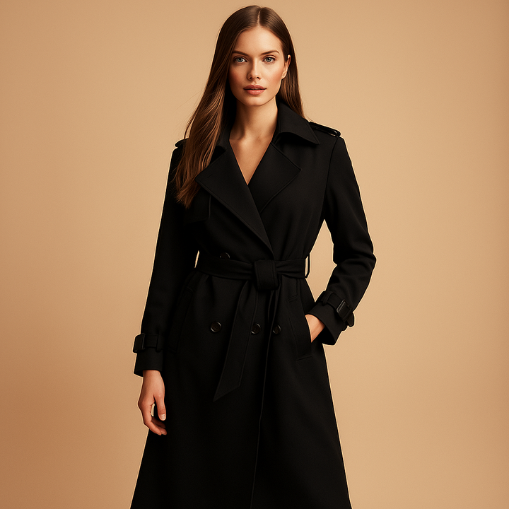 Lång chic damvinterkappa, dubbelknäppt modell för elegant mode. Varmt och stiligt ytterplagg för kvinnor.
