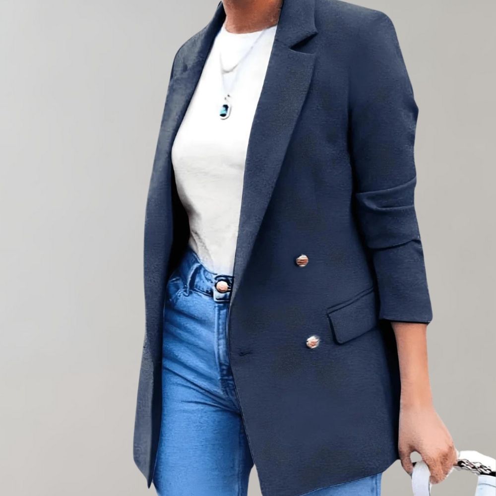 Mörkblå höstkavaj, dam, för en mångsidig och elegant fritidslook. Perfekt för kvinnor.