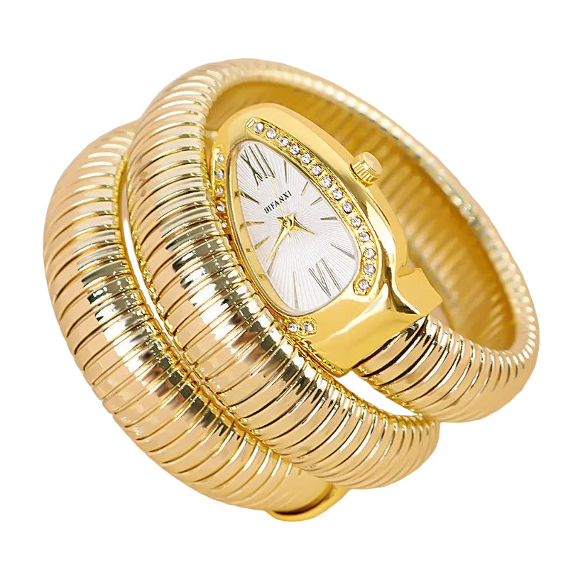 Elegant damklocka med unikt flerfärgat armband och klassiska romerska siffror.