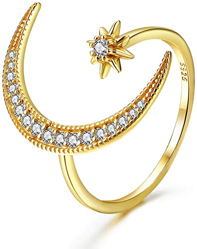 Elegant damring halvmåne och stjärna med gnistrande cubic zirconia, justerbar passform. Perfekt modesmycke.
