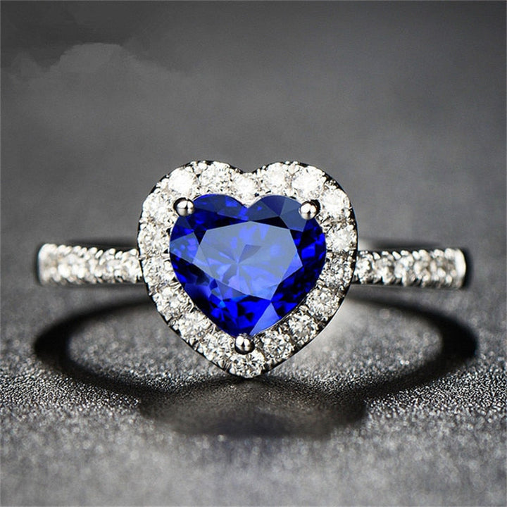 Hjärta cubic zirconia damring, förlovningsring i sterlingsilver, känsla av kärlek.