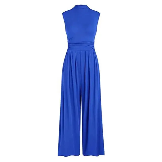 Sofistikerad formell jumpsuit för damer, med elegant drapering och flödande vida ben för ett stilfullt intryck.