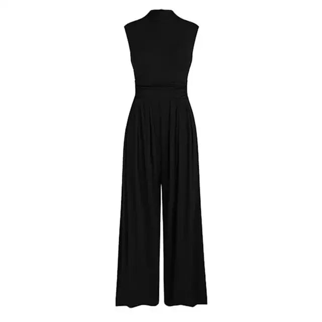 Elegant kvinnlig jumpsuit med draperad överdel och vida ben, perfekt för en formell och sofistikerad stil.