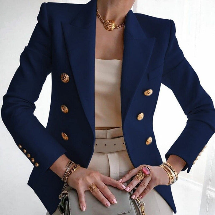 Mångsidig skräddarsydd blazer för kvinnor. Dubbelt knäppt design, idealisk för kontoret eller fest.