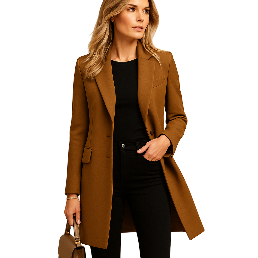 Elegant dubbelknäppt trenchcoat för dam i klassisk design, perfekt som höstjacka eller vårkappa. Tidlöst ytterplagg.