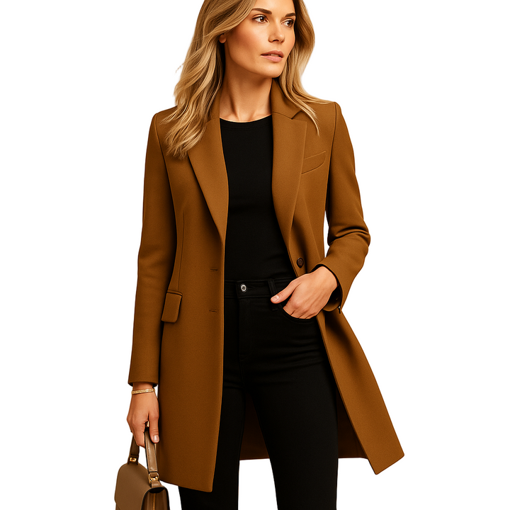 Elegant dubbelknäppt trenchcoat för dam i klassisk design, perfekt som höstjacka eller vårkappa. Tidlöst ytterplagg.