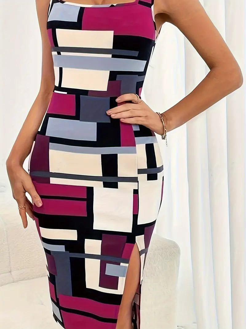 Chic figursydd damklänning med modern färgblockdesign. Knälång festklänning, elegant för sommarens tillfällen.