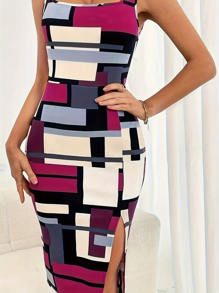 Chic figursydd damklänning med modern färgblockdesign. Knälång festklänning, elegant för sommarens tillfällen.