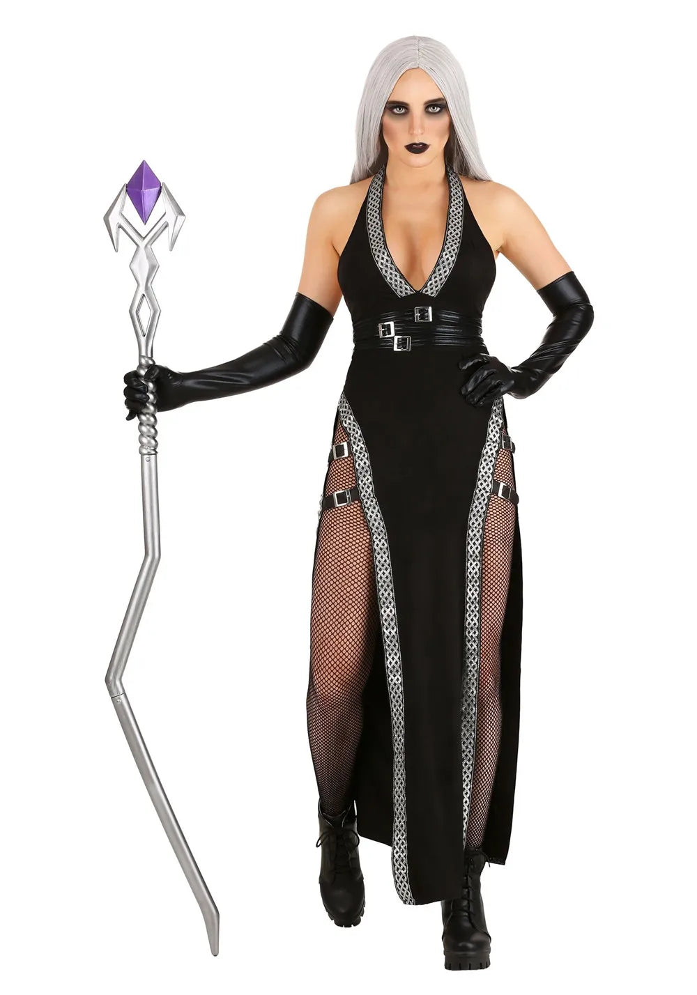 Förtrollande dam maxiklänning i gotisk stil. Långärmad, idealisk för Halloween, cosplay eller temafest.
