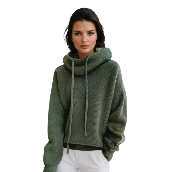 Elegant grön dam turtleneck tröja. Varm stickad med hög krage, perfekt för vinter- och höstmode.