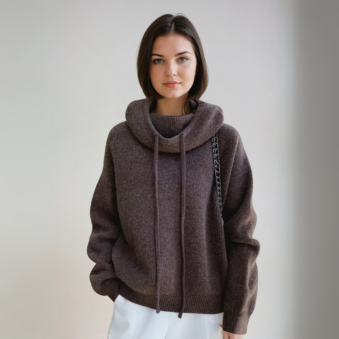 Detaljbild av den höga kragen på en elegant grå damtröja i stickad turtleneck-stil, vintermode.