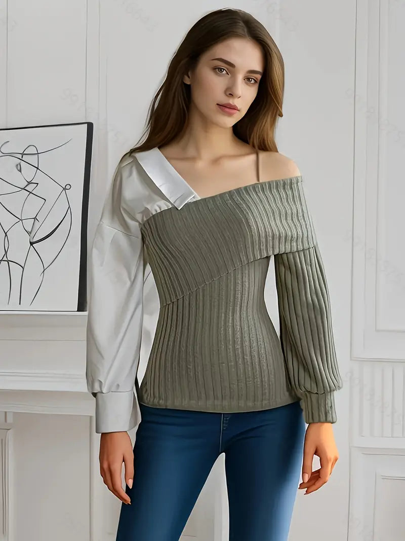 Elegant grön damtopp med asymmetrisk design, perfekt för fest eller en trendig vardagslook. Bekväm och modern.