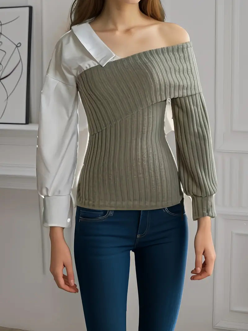 Bekväm damtopp med modern asymmetrisk design i grönt. En trendig och unik topp för kvinnors mode.