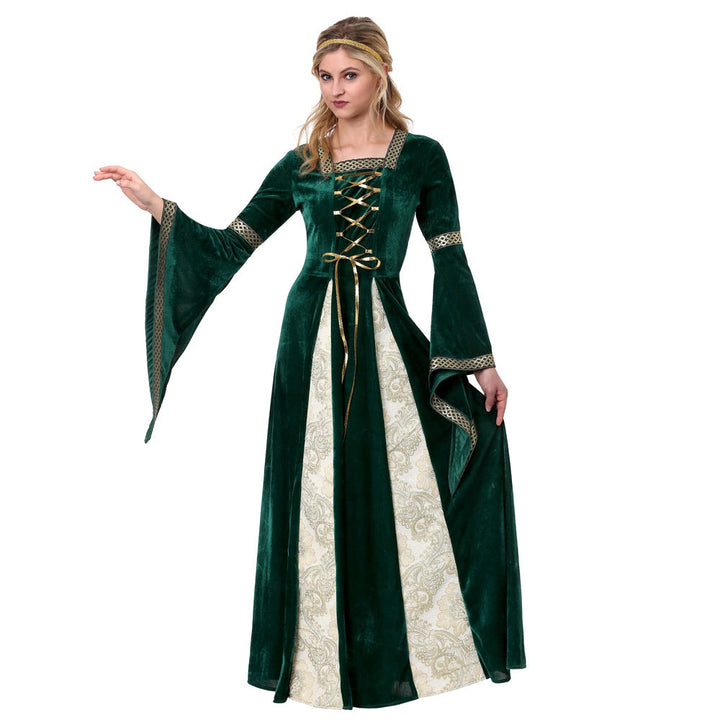 Elegant grön långärmad maxiklänning i prinsessstil för kvinnor. Perfekt festklänning för temafest eller maskerad.