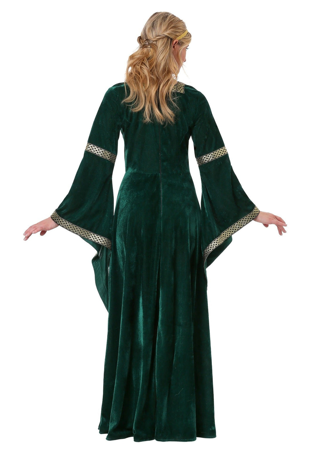Grön polyester damklänning med långa ärmar, i prinsess-maximodell. Idealisk för halloween och högtidliga tillfällen.