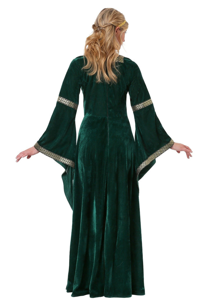 Grön polyester damklänning med långa ärmar, i prinsess-maximodell. Idealisk för halloween och högtidliga tillfällen.
