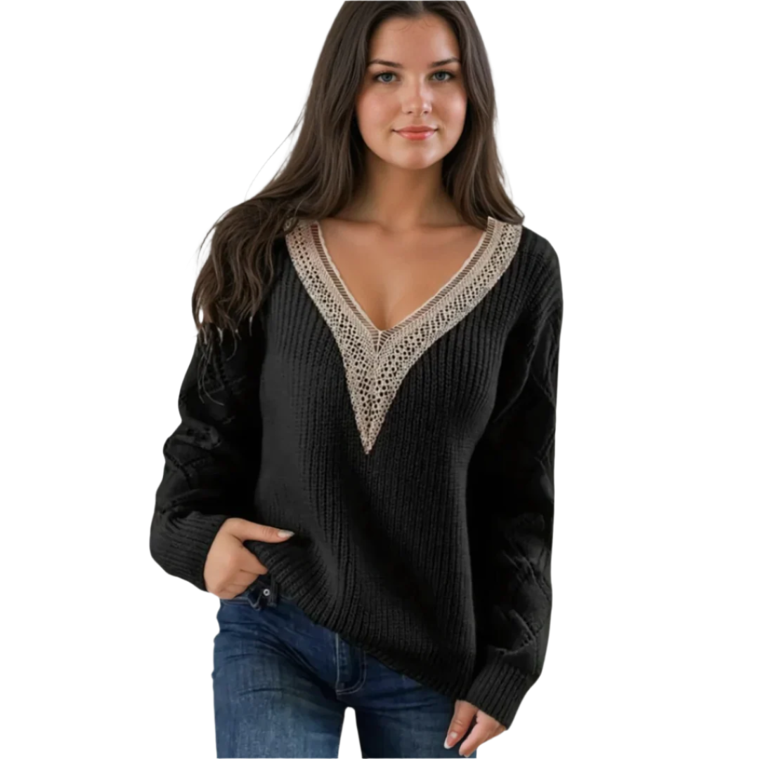 Elegant grön v-ringad damstickad pullover med unika ärmdetaljer. Perfekt för mode och vardagsbruk.