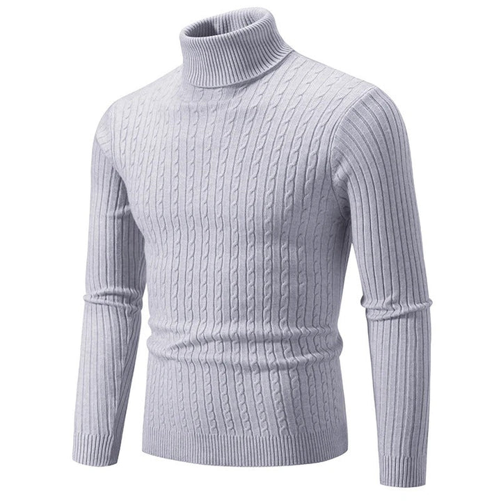 Elegant höghalsad herrtröja i mörkgrå ullblandning, perfekt för höst och vinter