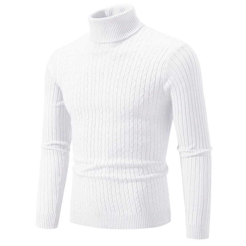 Snygg stickad herrtröja i beige ullblandning med hög krage, klassisk design