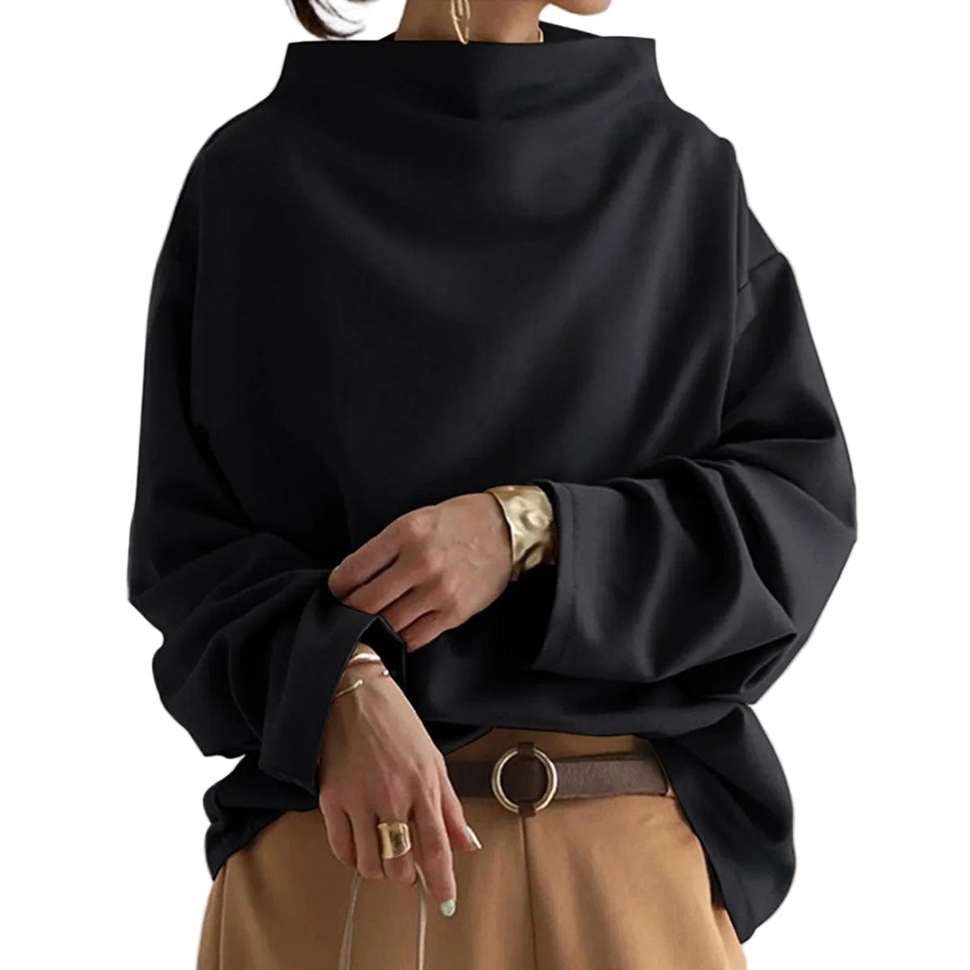 Elegant höghalsad långärmad damtopp i mjukt tyg, perfekt för kontoret.