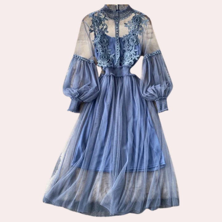 Damklänning: chic höstklänning med ståkrage, smickrande passform & eleganta lanternärmar. Bekväm stil.