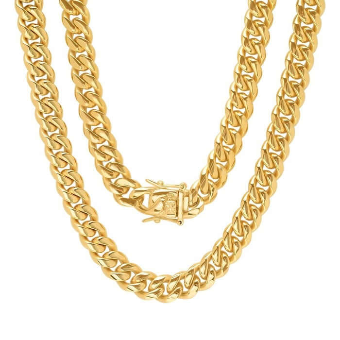 Elegant herr halsband, 12mm kubansk länk, guldpläterat stål.