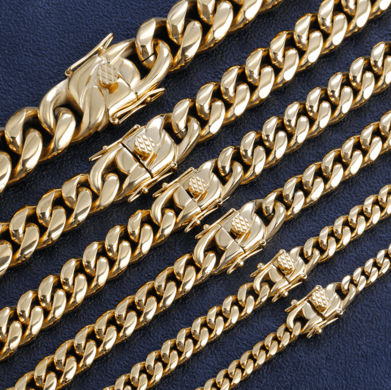 Rostfritt stål halsband, 12mm guldpläterad kubansk länk, för herr.