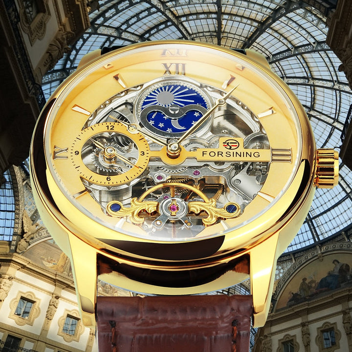 Klassisk silverfärgad herr armbandsur, skelettklocka i rostfritt stål, tidlös design.