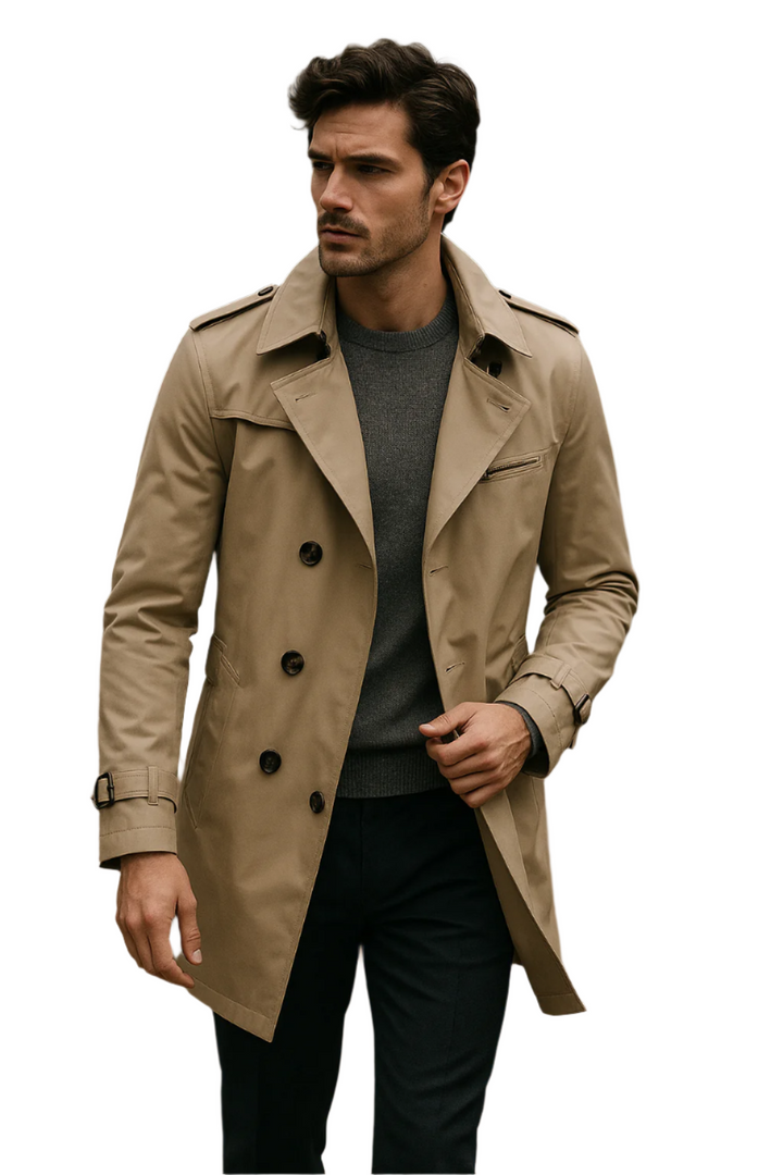 Elegant herr trenchcoat, dubbelknäppt med strukturerad passform, perfekt för höstmode.