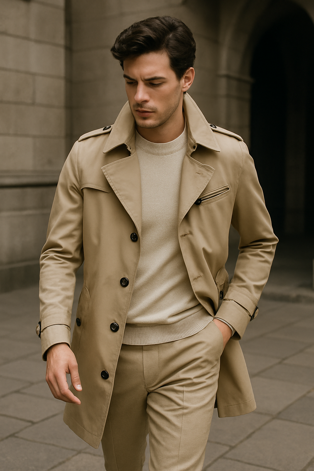 Mångsidig dubbelknäppt trenchcoat för män i klassisk stil, ett måste för ytterplagg.