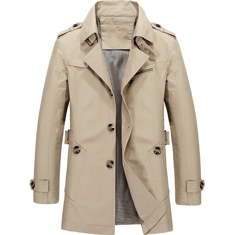 Herr ytterplagg: Klassisk dubbelknäppt trenchcoat med bälte, elegant och mångsidig design.