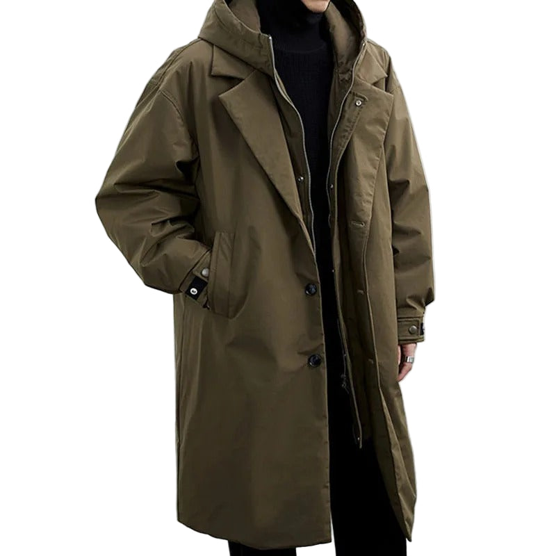 Elegant herr trenchcoat med pufferdesign för vinter. Varm, vattentålig och stilren herrjacka för kallt väder.