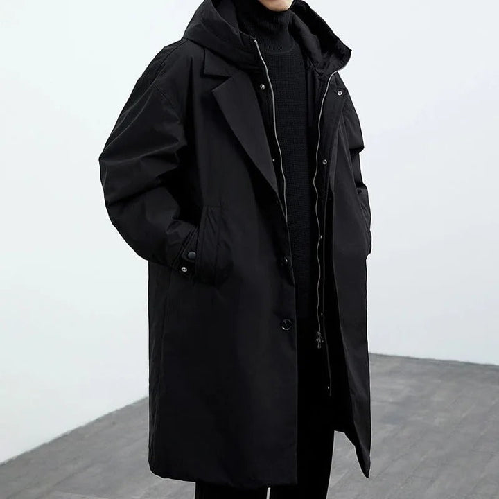 Herr trenchcoat med pufferdesign. Varm vinterjacka för herr, vattentålig och stilren kappa, perfekt ytterplagg.