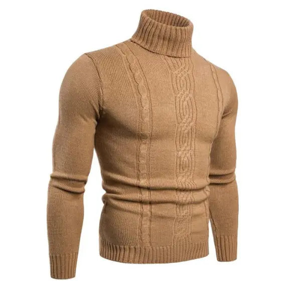 Elegant herrars kabelstickad polotröja i mörkblått, perfekt för vintermode och formella tillfällen. Bekväm stickad tröja.